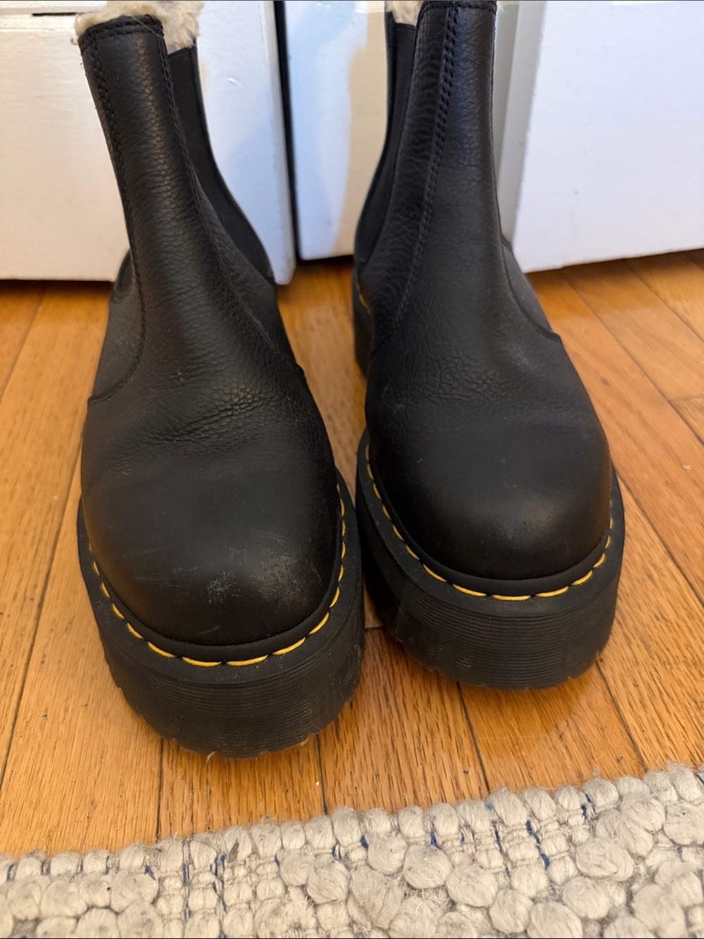 Dr. Martens Black Leather Platform Chelsea Boots with Faux Fur Lining - Picture 3 of 4